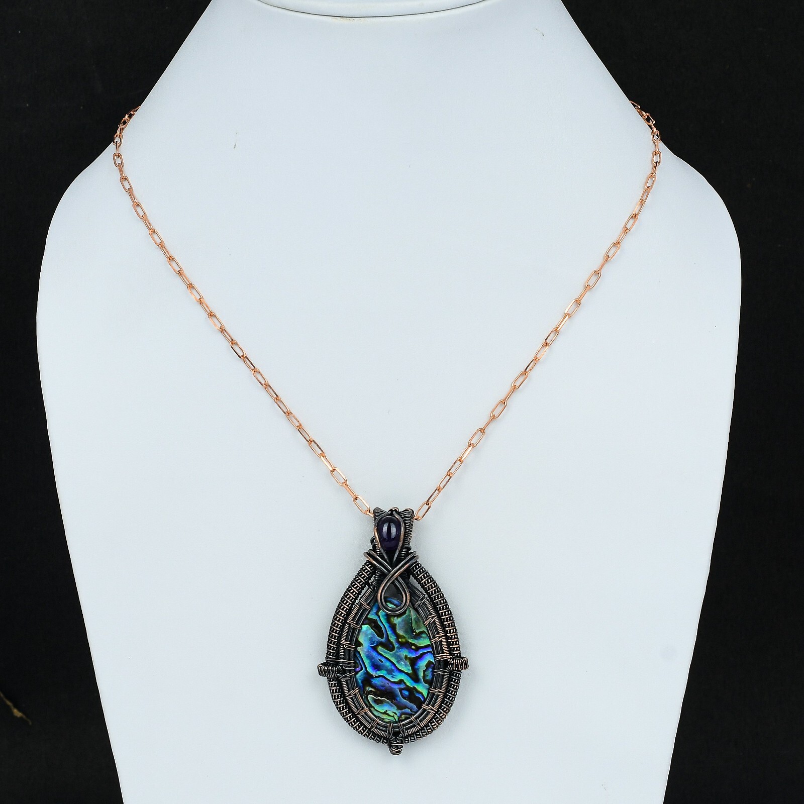 Abalone Shell Wire Wrapped Pendant Handcrafted Copper Holiday Jewelry 2.6″