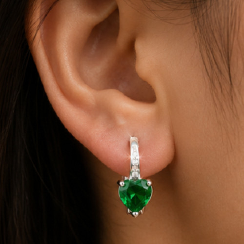 7ct Pear Simulated Green Emerald/Diamond Huggie Earrings 14k White Gold Plated