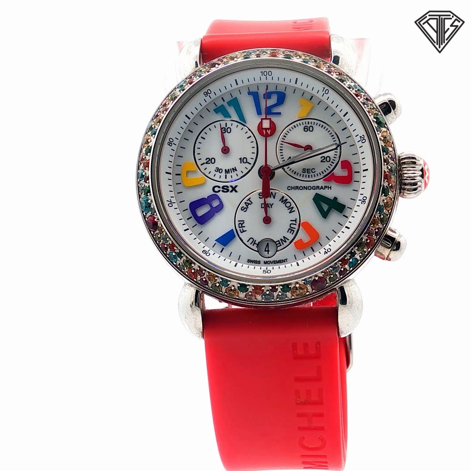 Pre Loved Michele Carousel CSX Multi Colored Stone Bezel Watch Red Silicone Band