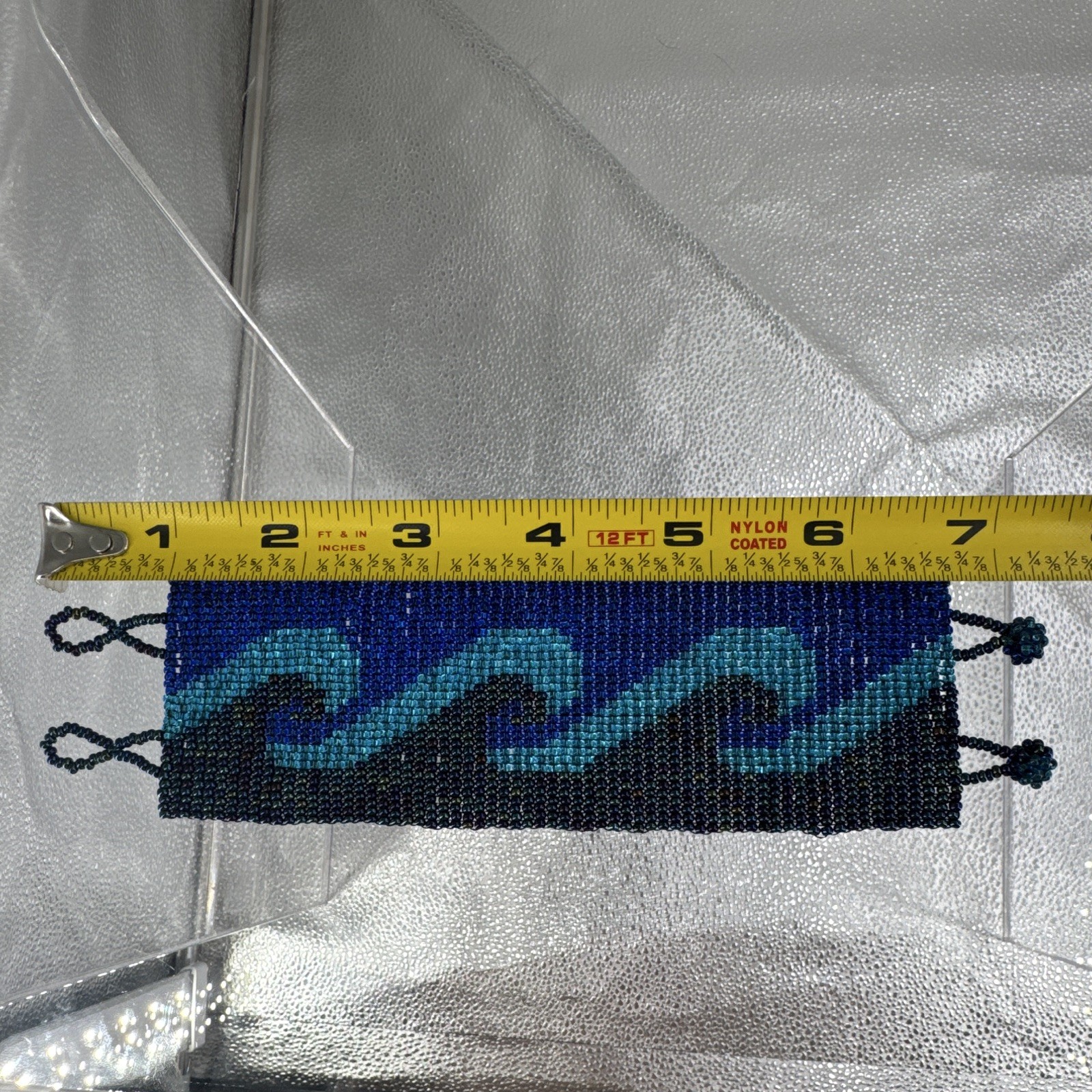 Handmade Beaded Cuff Bracelet Blue Black Teal Wave Design Glass Beads 7 in