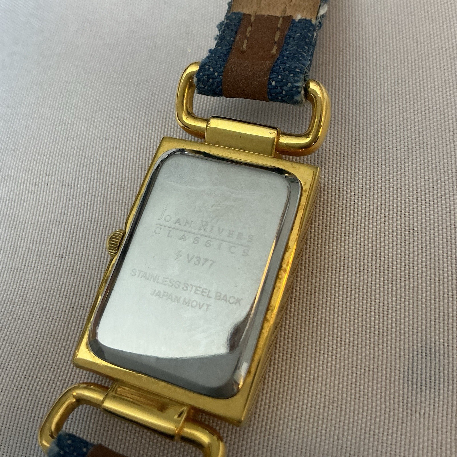 Joan Rivers Classics Watch V377 Denim W/Leather Strap Gold Plate Japanese Mvmt