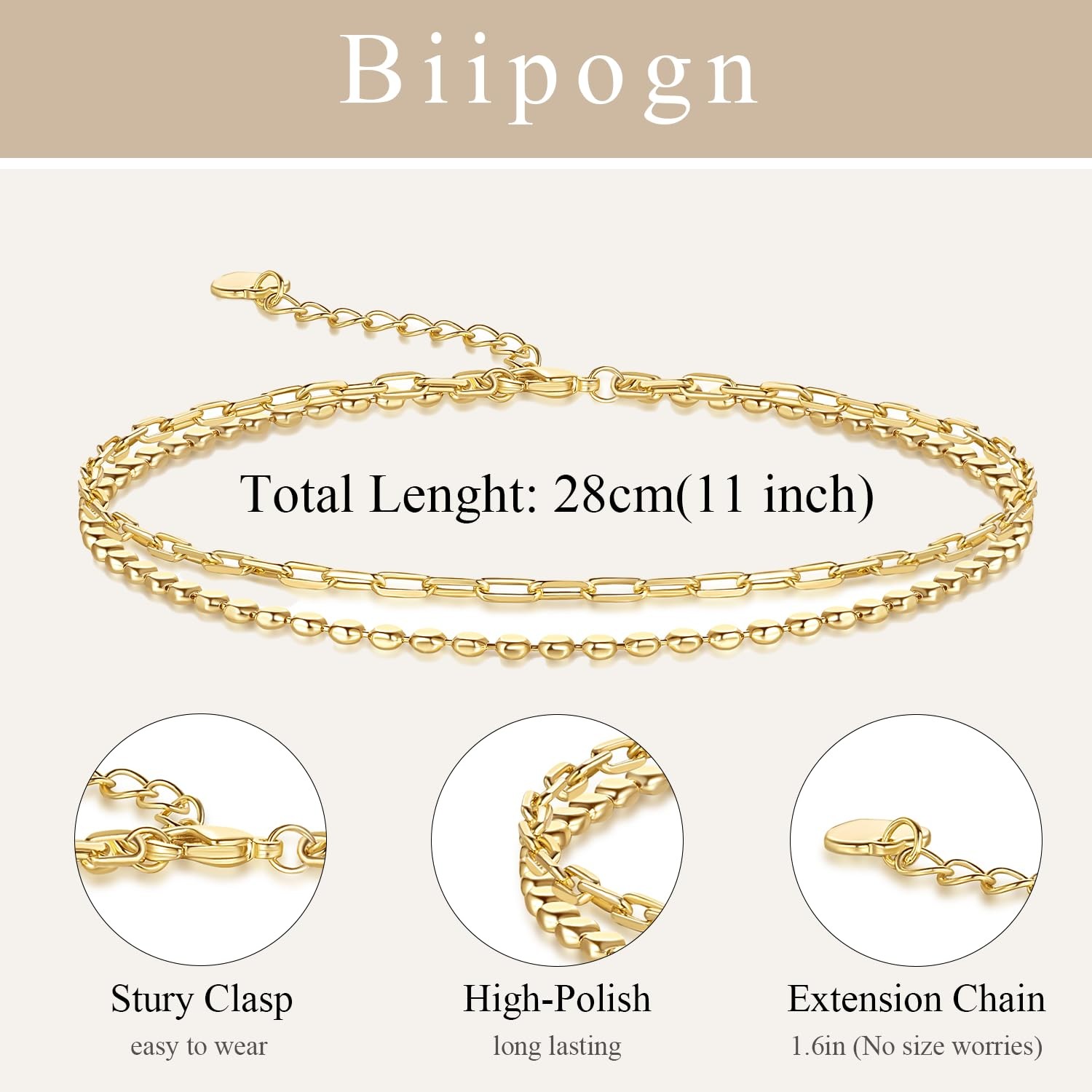 Biipogn Anklets for Women Gold Ankle Bracelets for Women 14K Gold Anklets for…