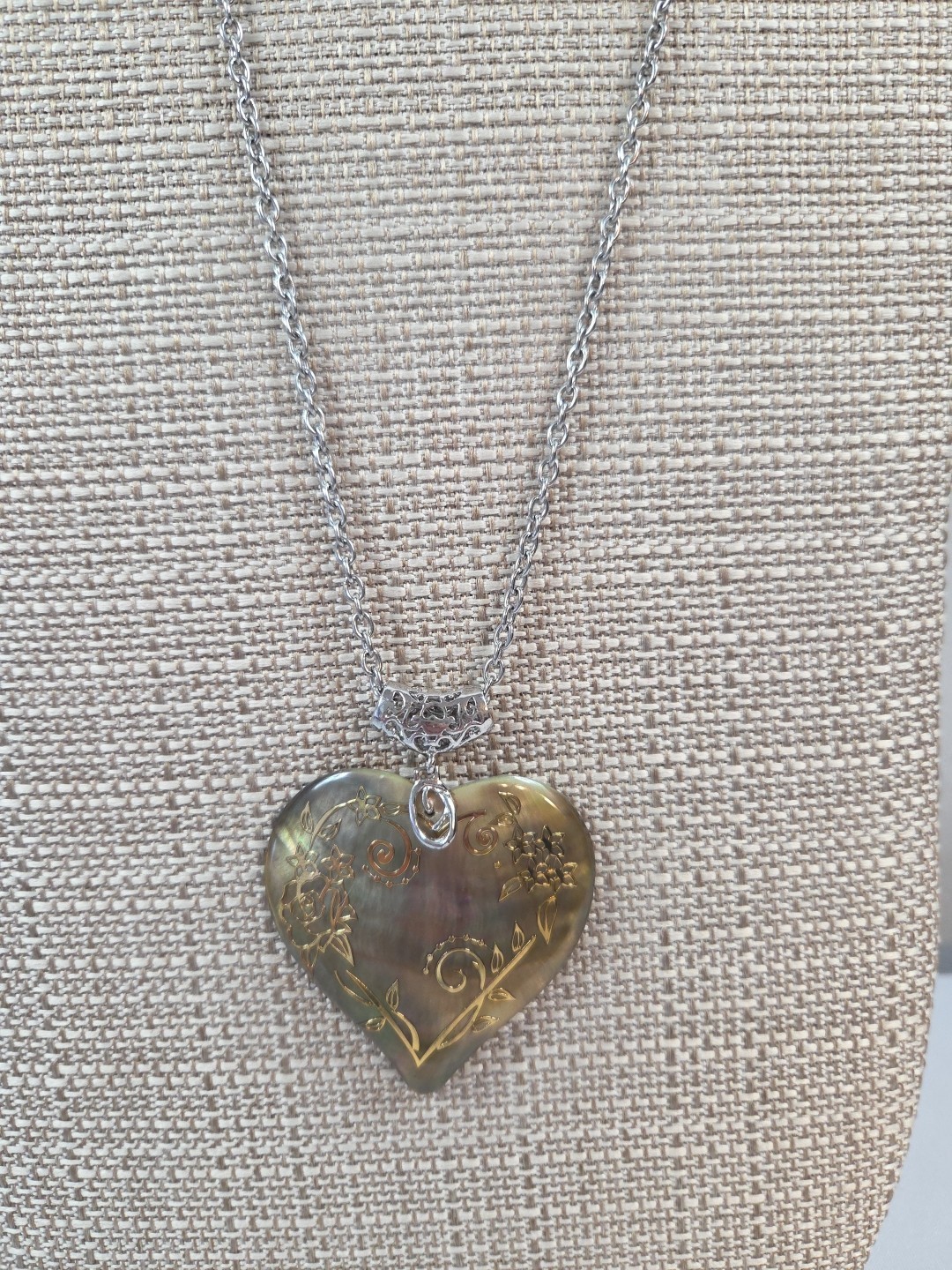 Abalone Shell Large Heart Gold Gilded Swirl Flowers Statement Pendant Necklace