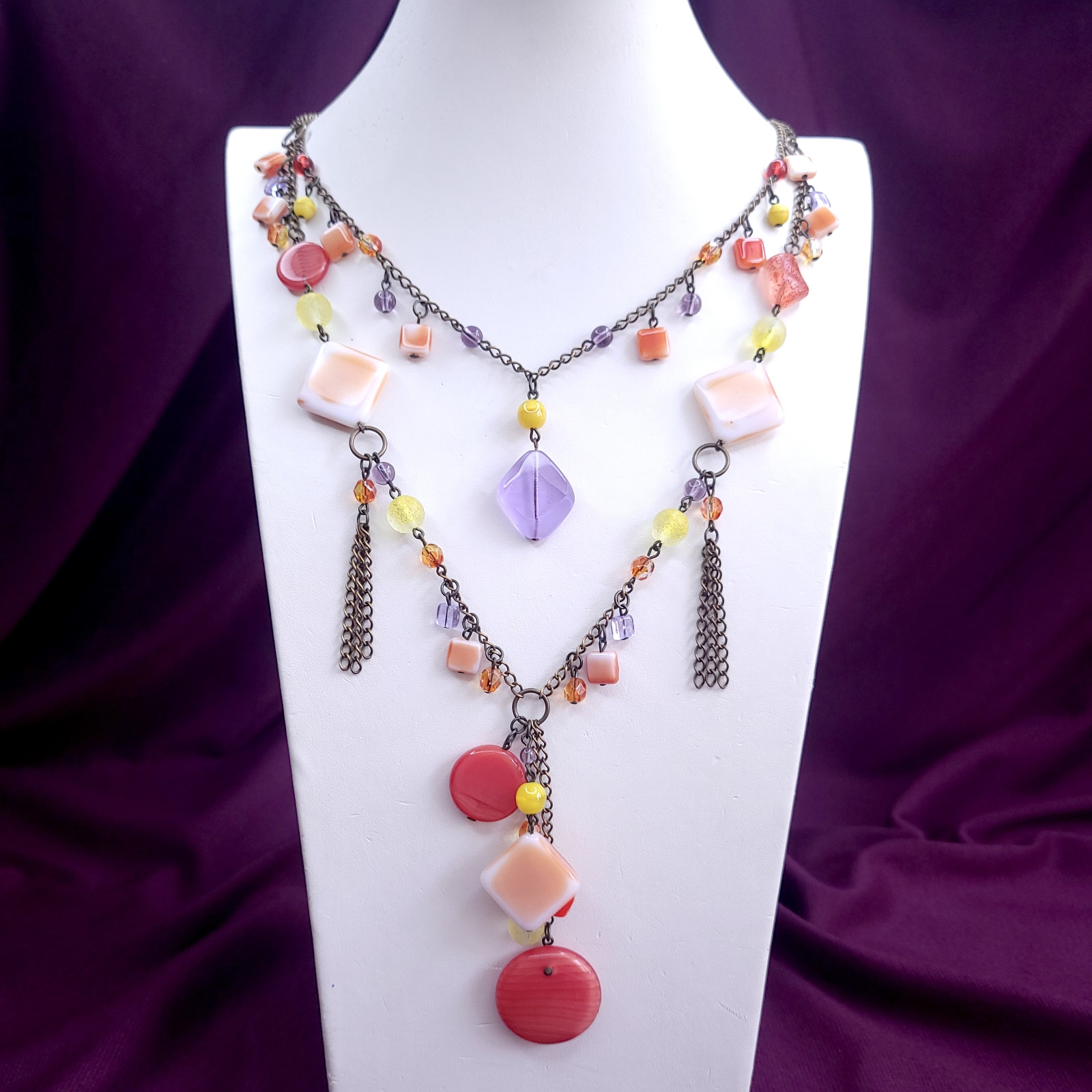 Necklace 24″ Red Orange Glass Czech Beads Vintage Style