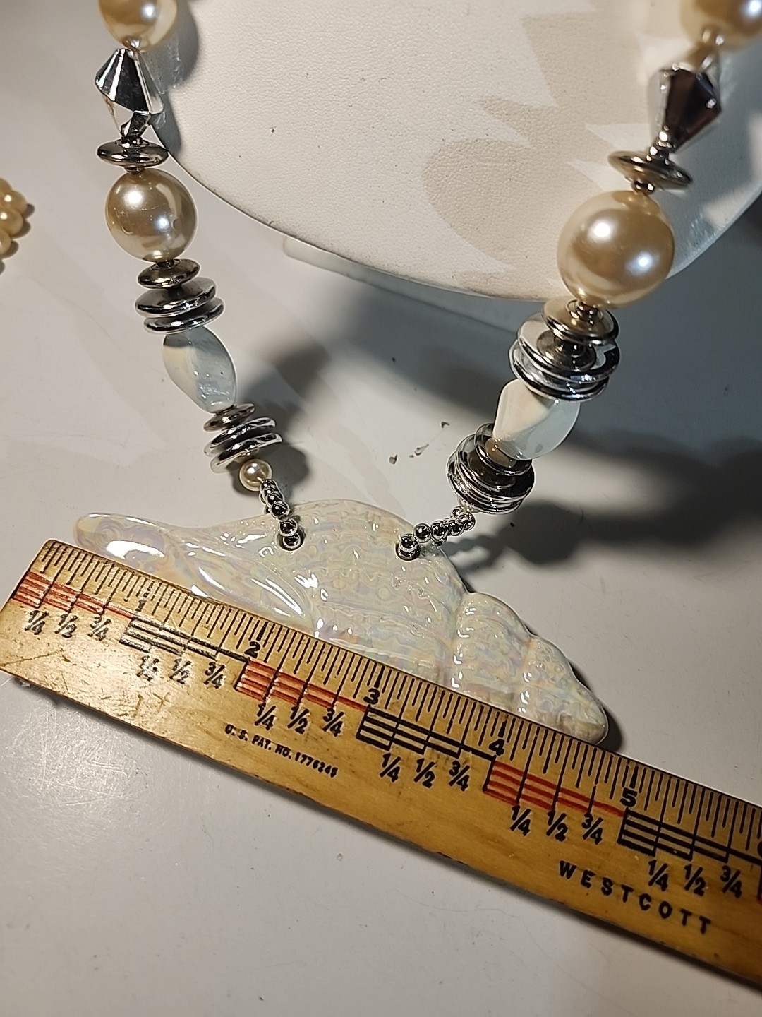 Iridescent SHell Pearl Necklace Silver Long 24 inch Statement Piece