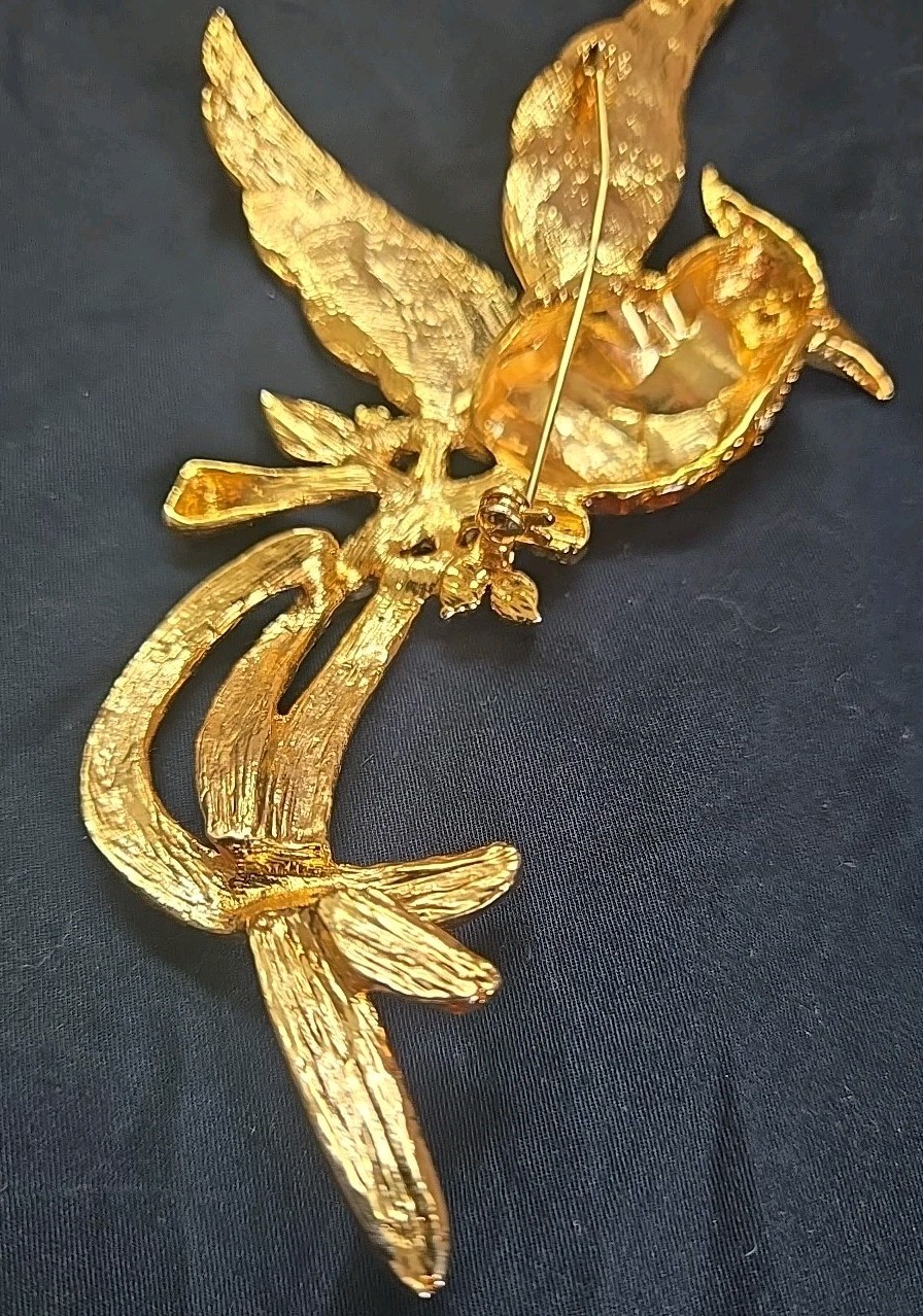 Vintage D’orlan Boucher 6″ Enamel Phoenix Bird Brooch Multicolored, Clear Crysta