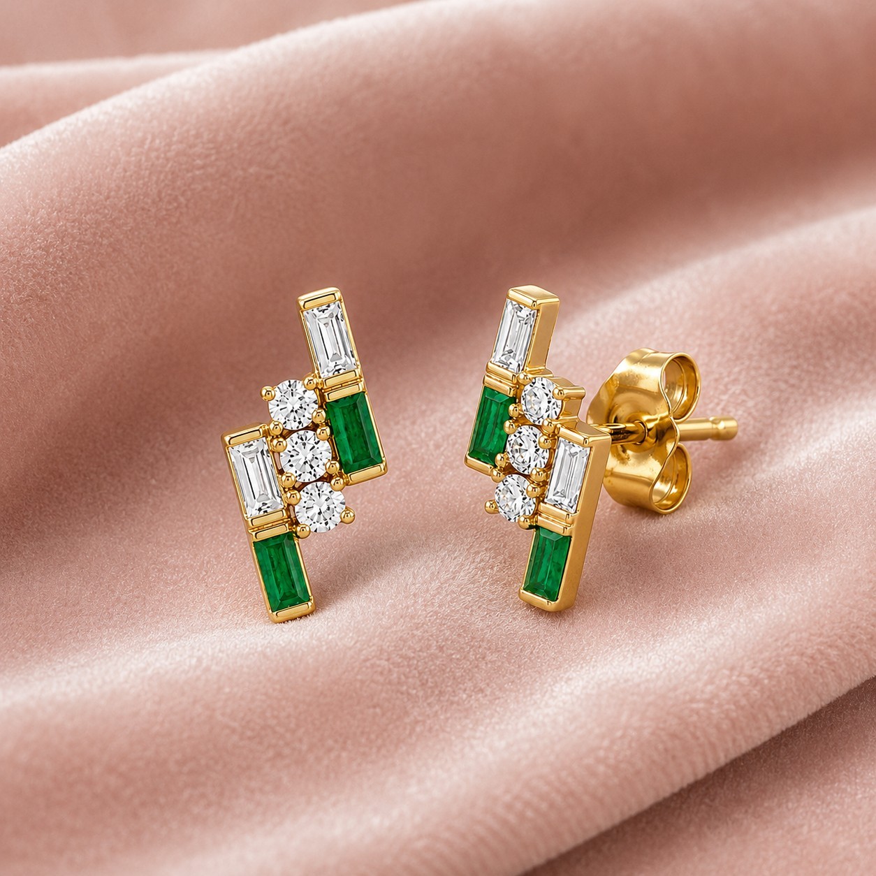 Baguette Emerald &Diamond Half Bezel Stud Earrings Solid 14K Yellow Gold Jewelry