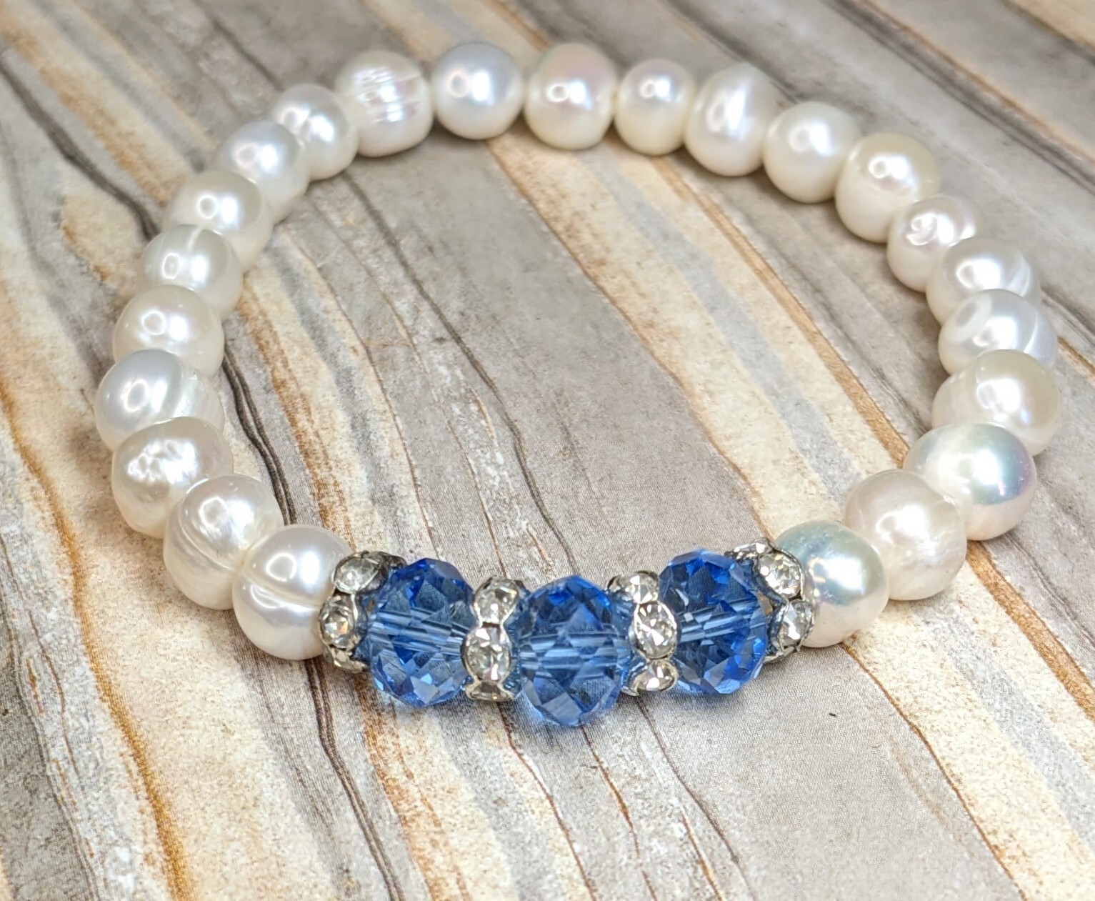 Freshwater Pearl Bracelet Stretch Beaded Bracelet Blue Birthstone December