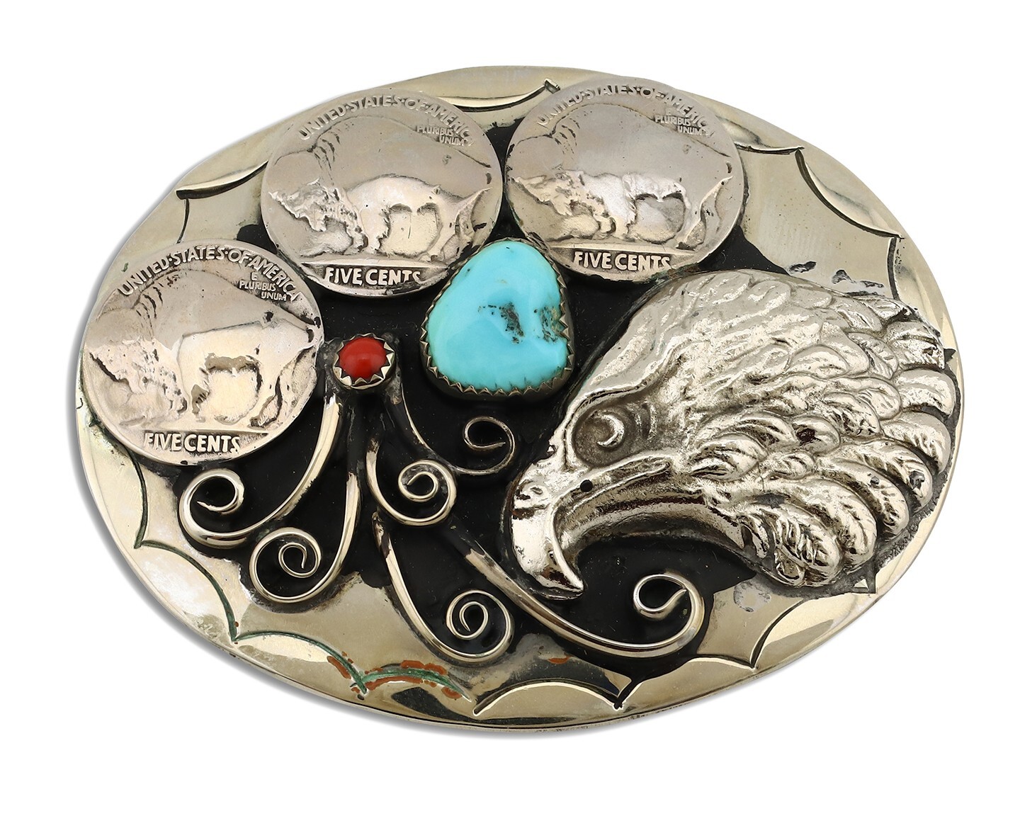 Navajo Eagle Belt Buckle Nickle Silver Gemstone Handmade Native American C.80’s
