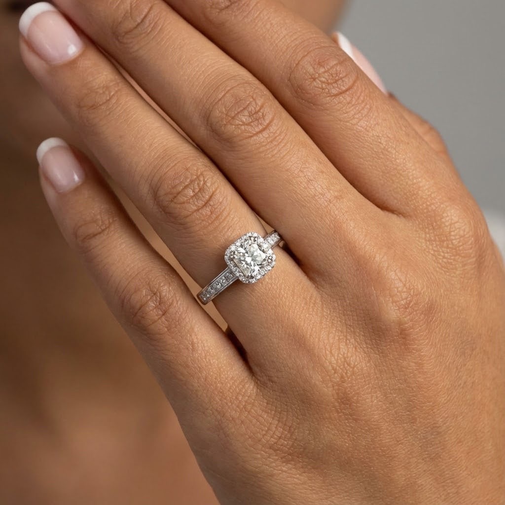 Side Stone Engagement Ring Halo 18K Gold 1.77 CT Radiant Natural Diamond F VS1