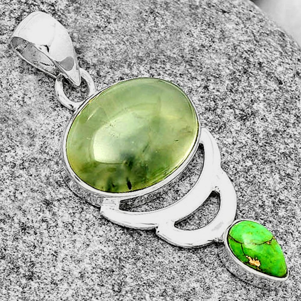 Prehnite & Copper Green Turquoise 925 Sterling Silver Pendant Jewelry P-1693