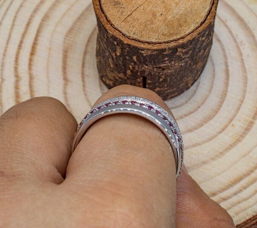 Round Cut Simulated Pink Ruby Gorgeous Eternity Band Ring 14k White Gold Plated