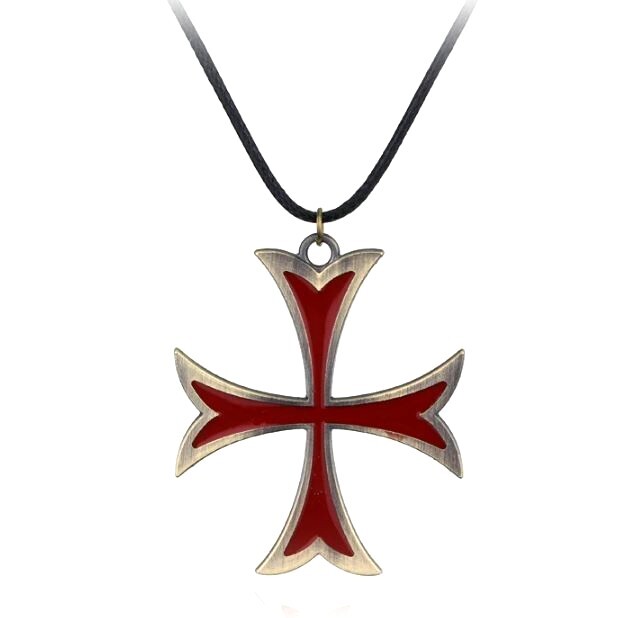 Vintage Knight Templar MALTESE CROSS IRON CROSS PEWTER PENDANT CORD NECKLACE RED