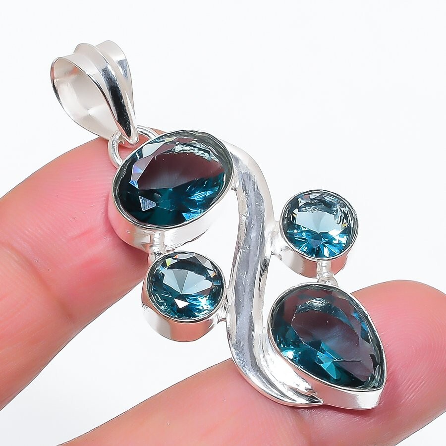 London Blue Topaz Gemstone Handmade 925 Sterling Silver Jewelry Pendant Size 2″