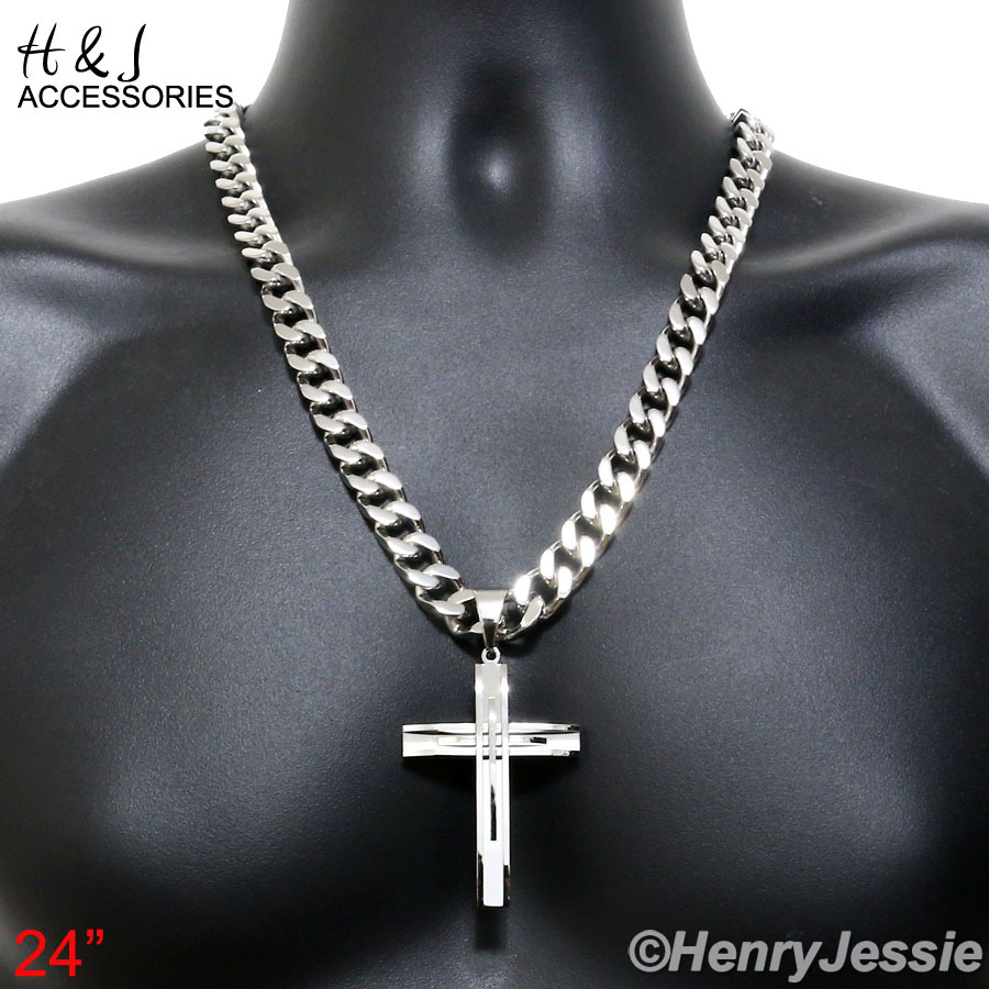 24″30″36″Stainless Steel 11mm Silver Cuban Curb Chain Necklace Cross Pendant*P11