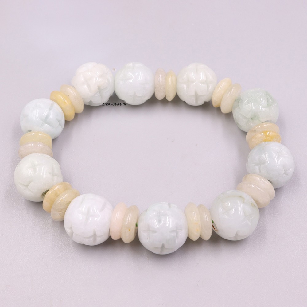 Natural Grade A Jade 14mm Carved Bead Handmade Women Men Elastic Bracelet