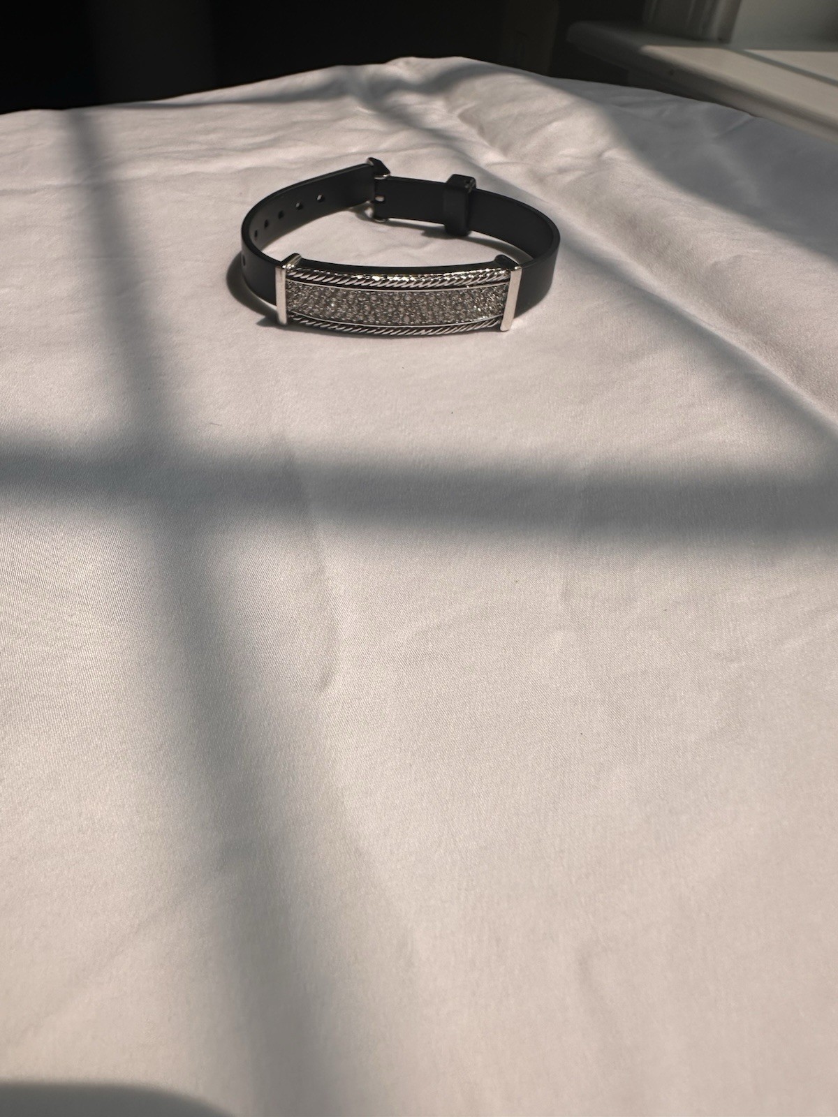 Black Faux Leather Buckle Bangle Bracelet Rectangular Pavé Crystal Panel