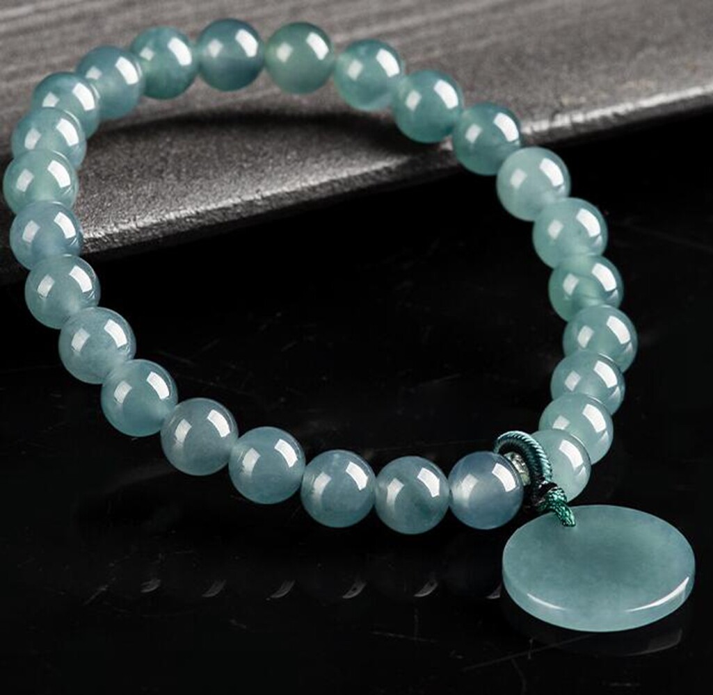 Certified Green Natural Burma A Jade jadeite 6mm Round Beads 无事牌 Couple Bracelet