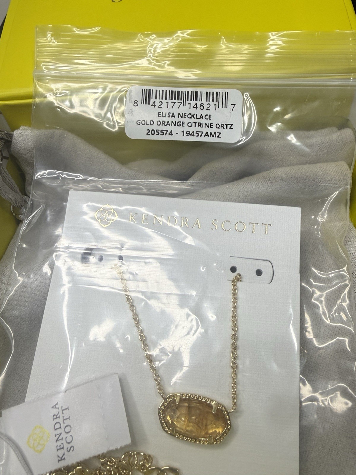 Kendra Scott Elisa Gold Pendant Necklace in Orange Citrine Quartz- New In Box