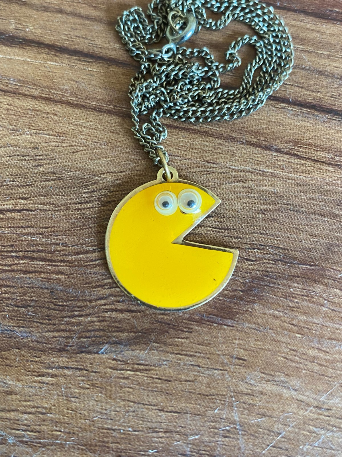 Vintage Pac-Man Googly Eyed Necklaces Rare Yellow Enamel Charm & Chain