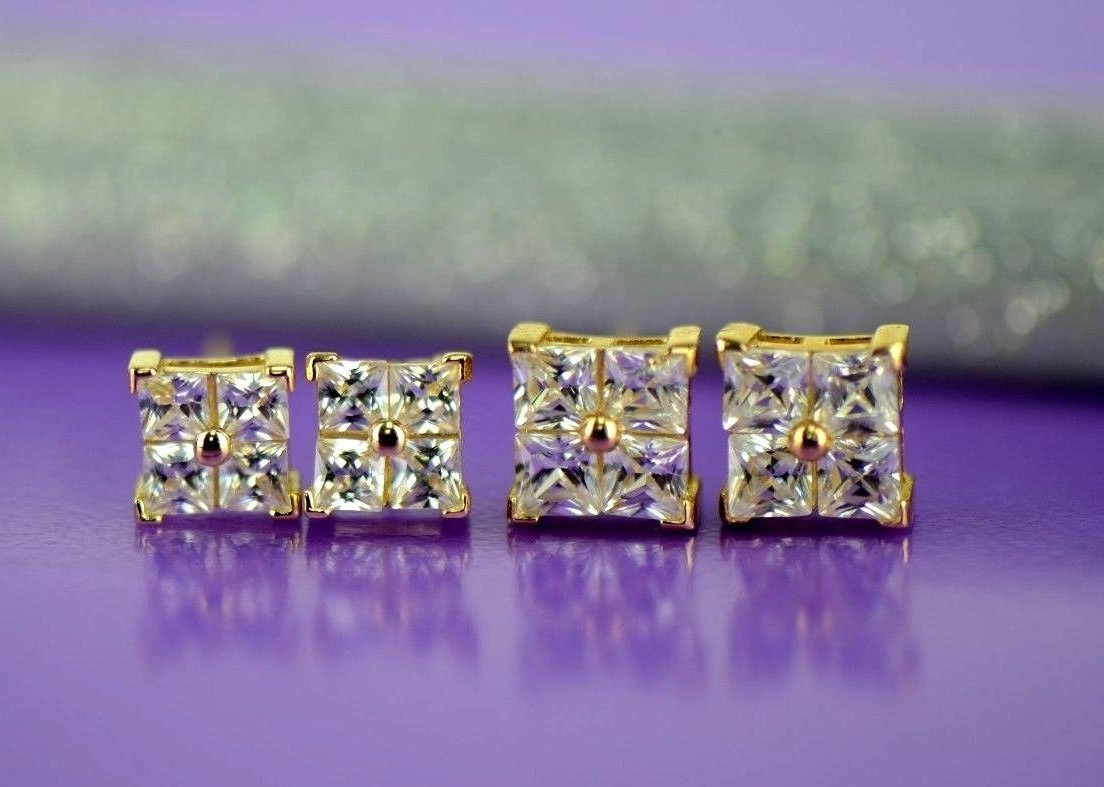 14K Yellow or White Gold Fancy Square CZ Stud Earrings
