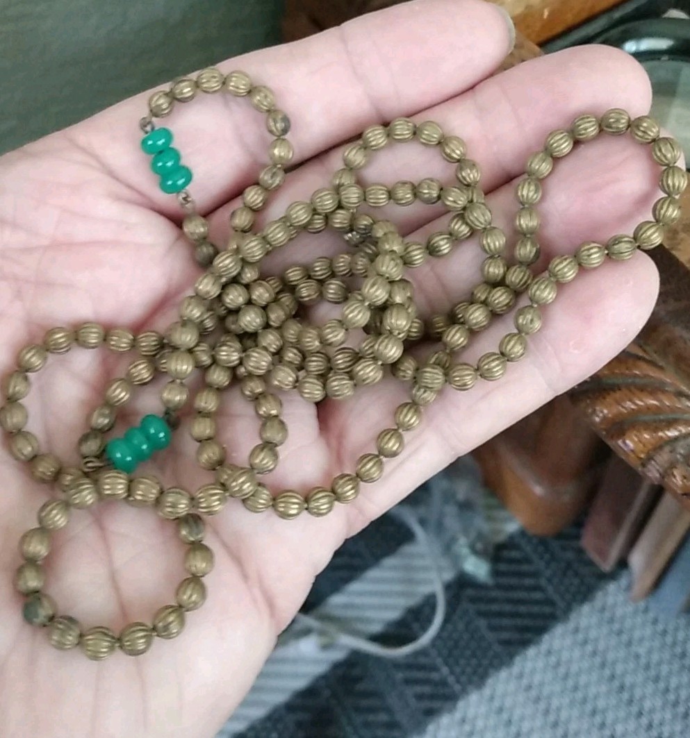 Antique Sink Chain Style Brass Ball Necklace 38” Long With Green Czech Glass