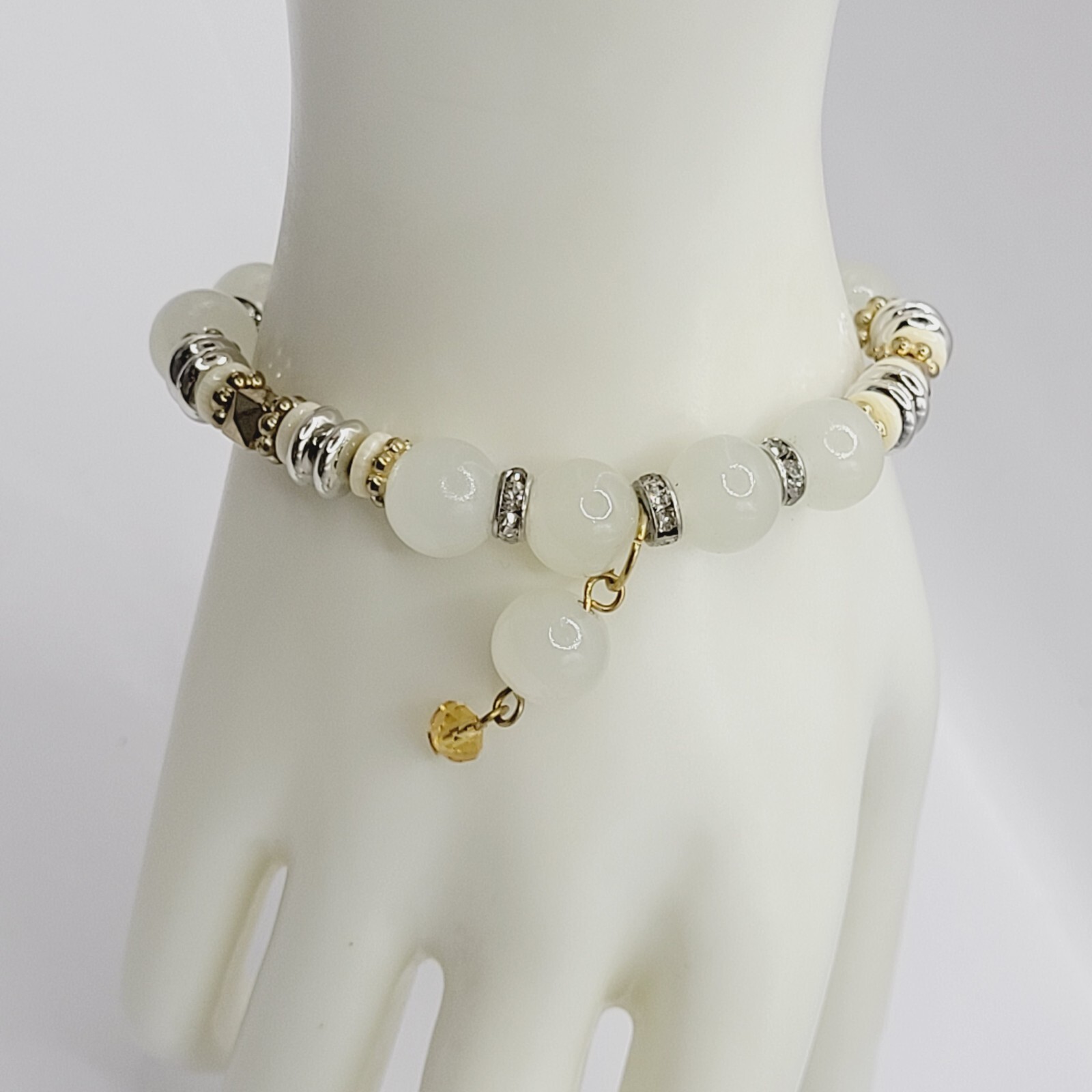 Modern Three Glass Bead w Rhinestone Jade Milky Glass Color Stretch Bracelet Set