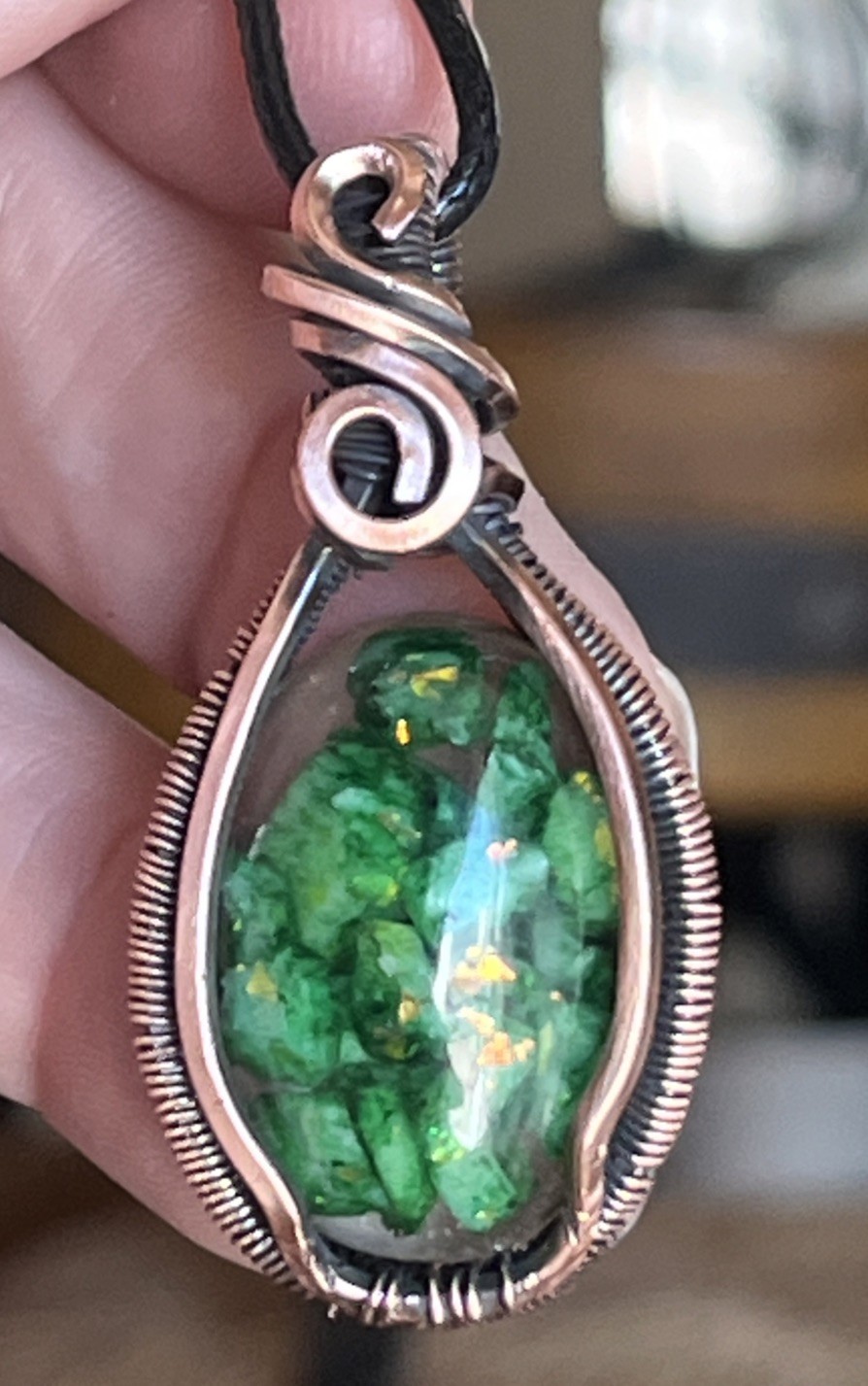 Green Calcite (in resin)~ Handmade copper wire wrapped pendant 5g