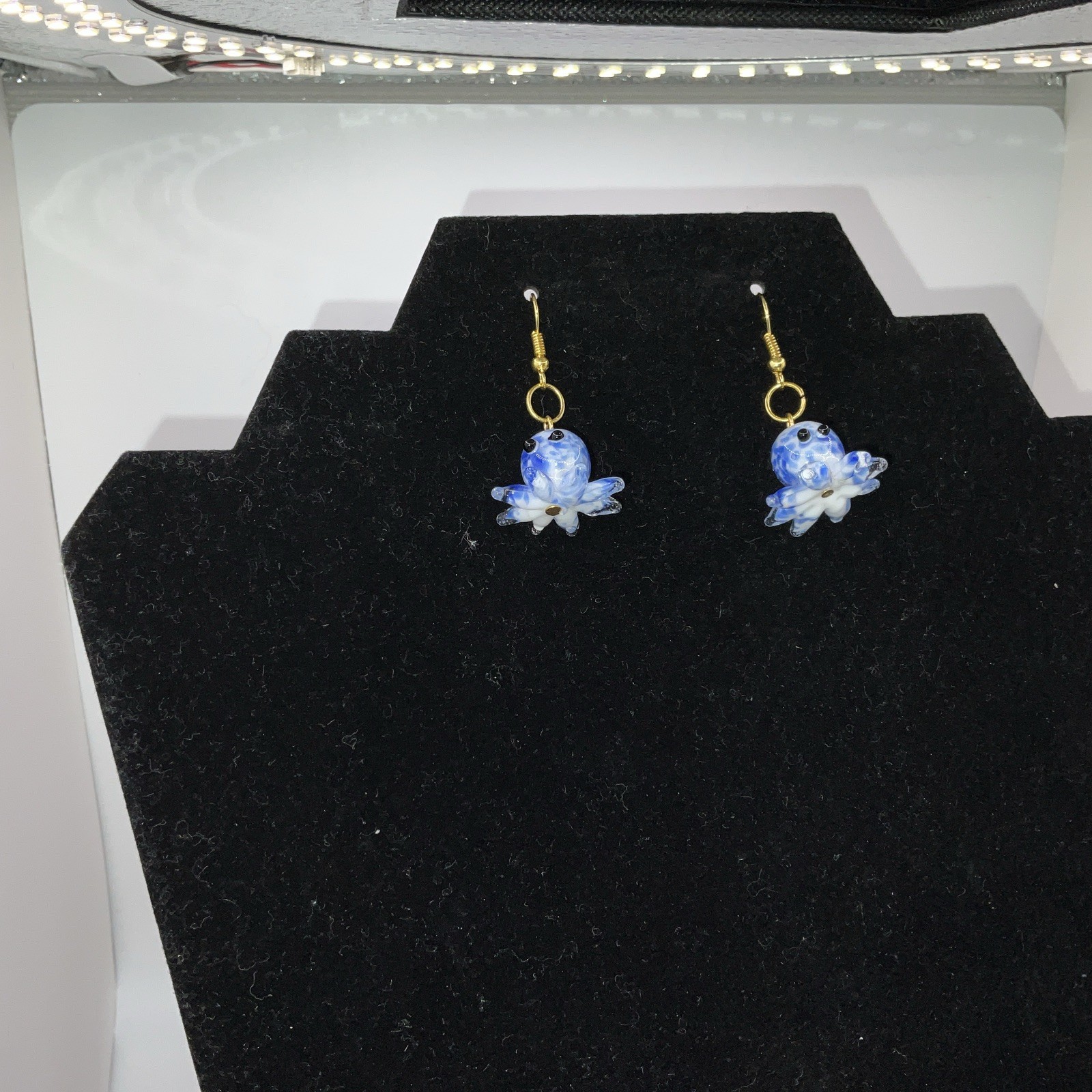 Blue & White Octopus Glass Earrings W/ Backs. Homemade 14k Extra Plated Gold New