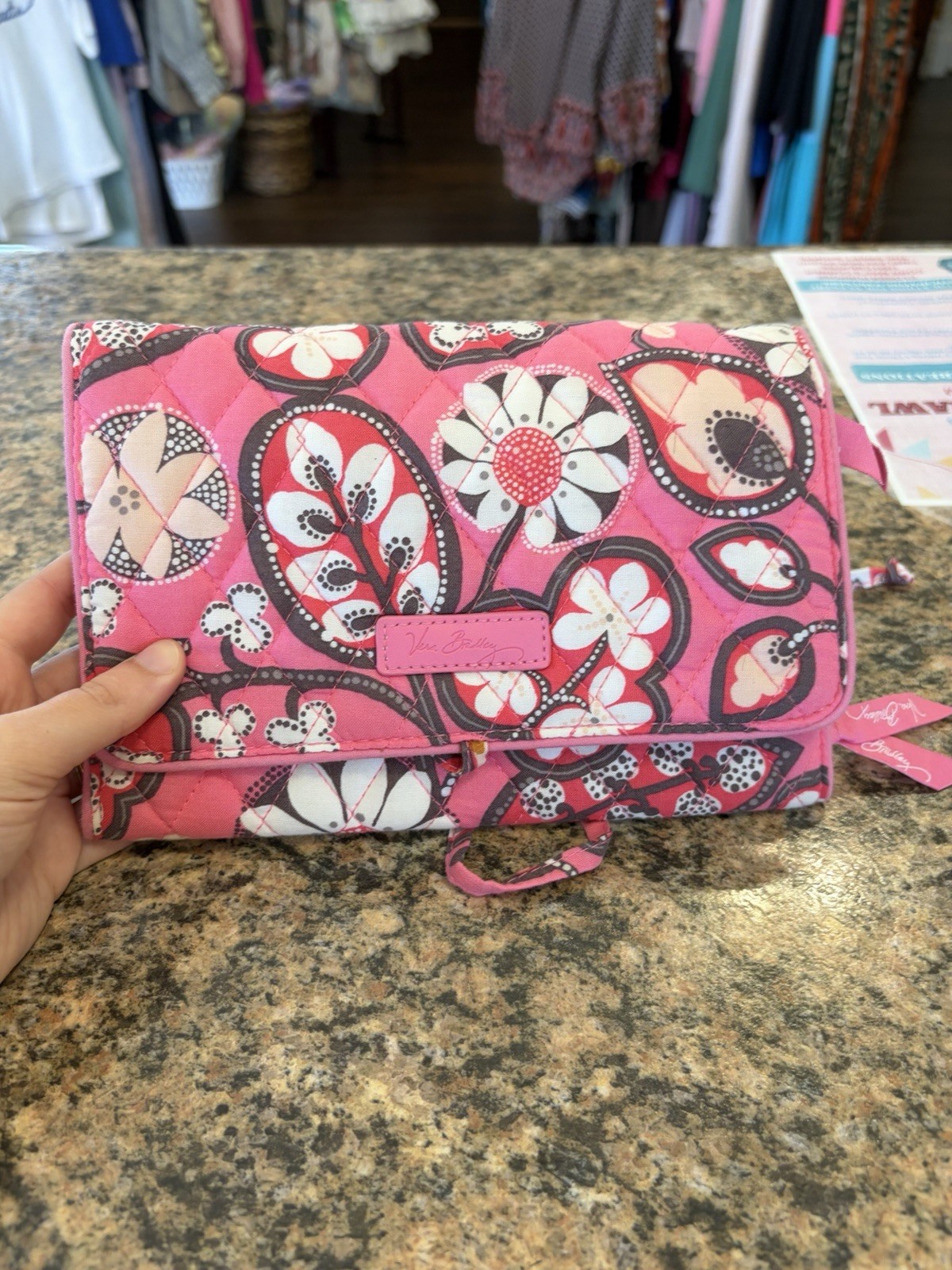 Vera Bradley Pink Floral Fabric Travel Jewelry Roll, Zipper, Lined, 3 Comp