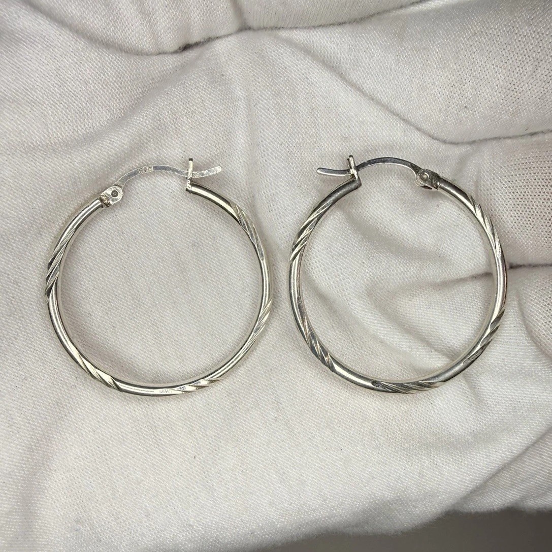 925 Sterling Silver Diamond Cut Hoop Earrings 30mm Lightweight Pair
