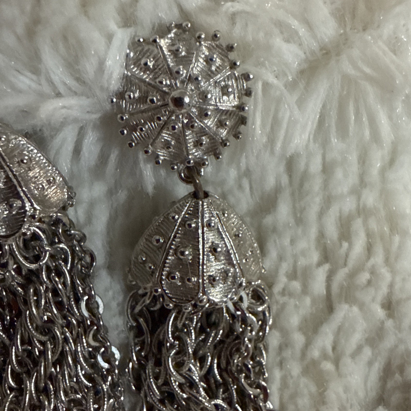 VTG Starburst MONET Silver TONE Dangly Chain Tassel Chandelier Clip On Earrings