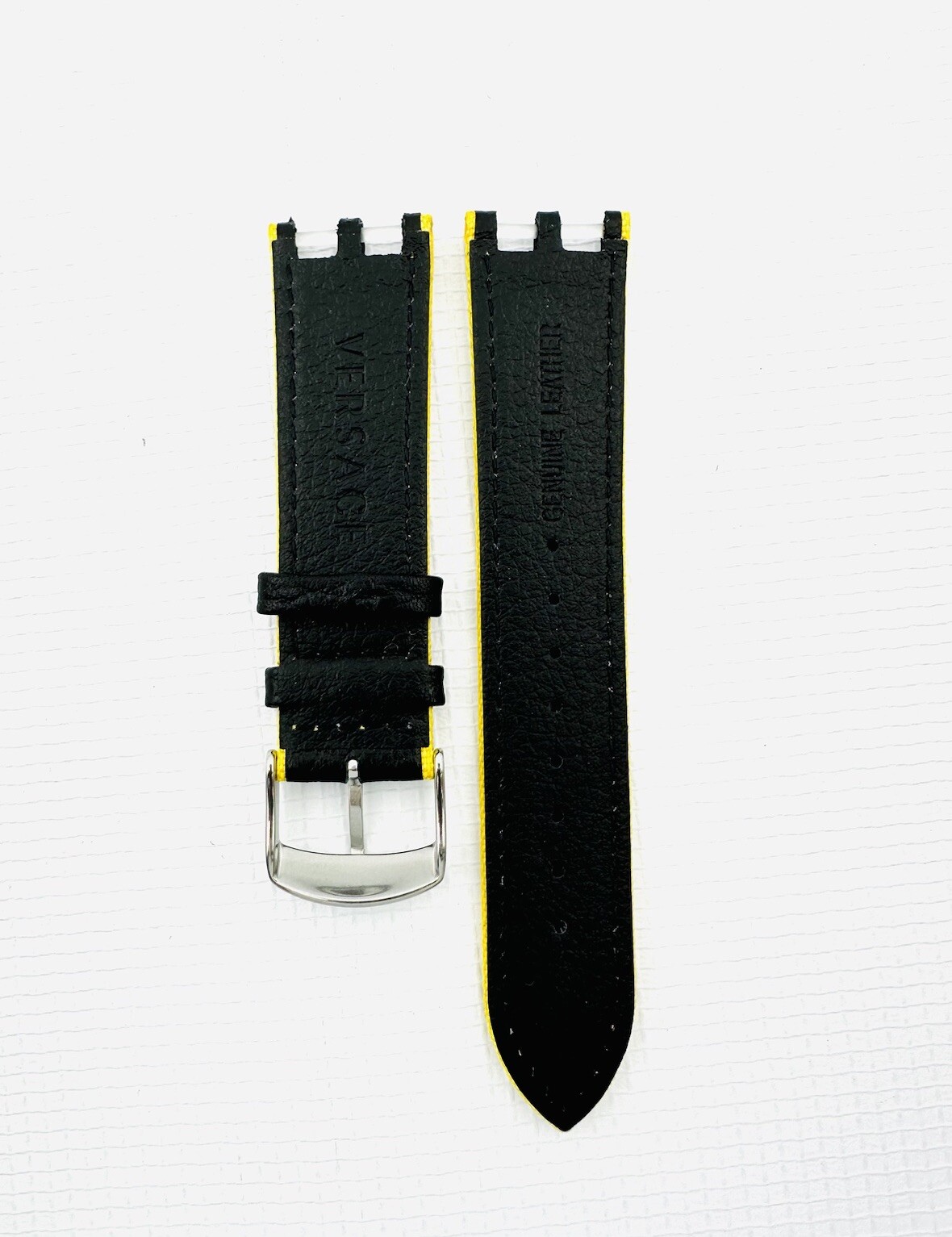 VERSACE WATCH STRAP , VAH , BLACK + YELLOW STITCHING YELLOW , TONGUE BUCKLE
