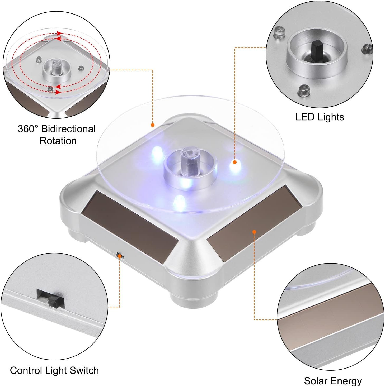 2Pcs Solar Display Stand Turntable 3.54″ Plate Dia Battery Double Use LED Light