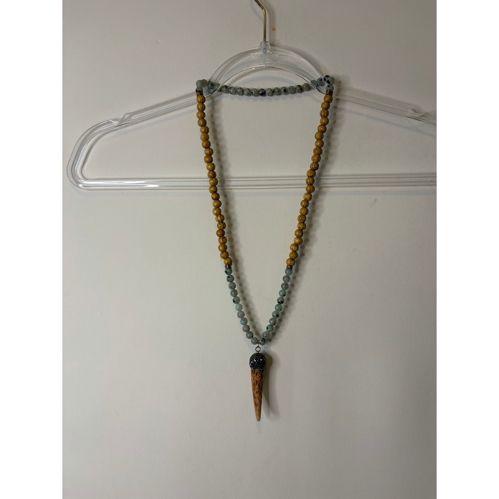 Boho Blue Stone and Wood Beaded Necklace Drusy Resin Horn 30in Long Statement