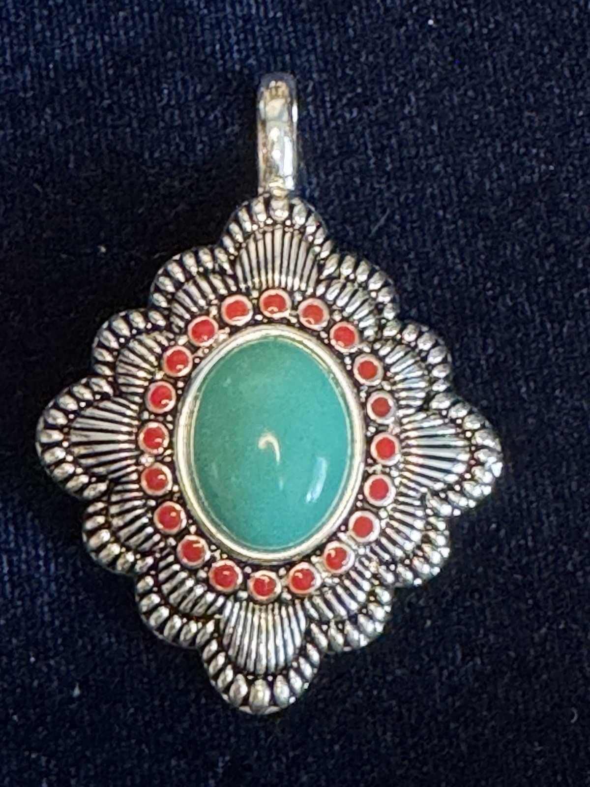 Vintage Southwest Style Turquoise Red Cabochon Silver Tone Statement Pendant