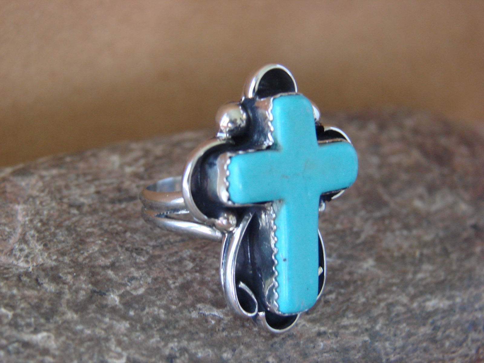 Native American Nickle Silver Turquoise Cross Ring Size 8 by Phoebe Tolta