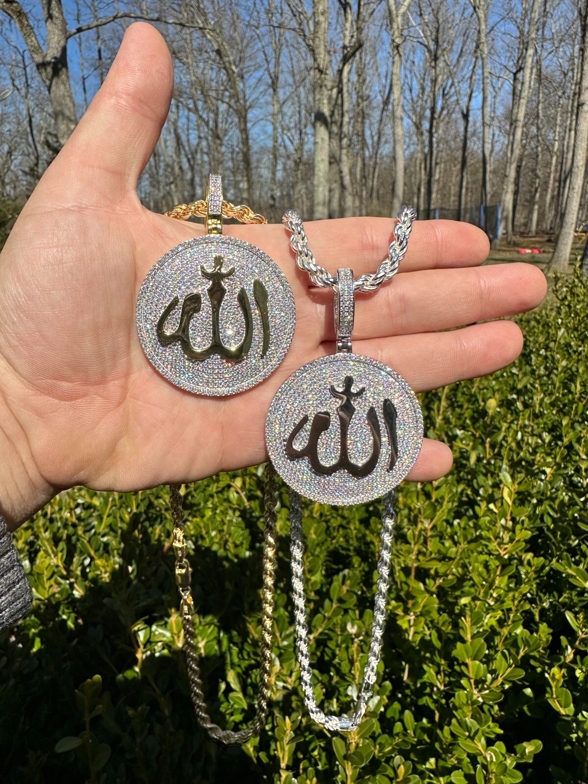 MOISSANITE Real 925 Silver / Gold Allah Medallion Arabic Necklace Pendant Iced