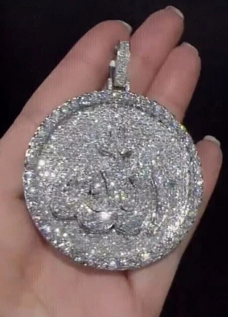 2.30Ct Round Cut Moissanite Customize Allah Men Pendant 14K White Gold Plated
