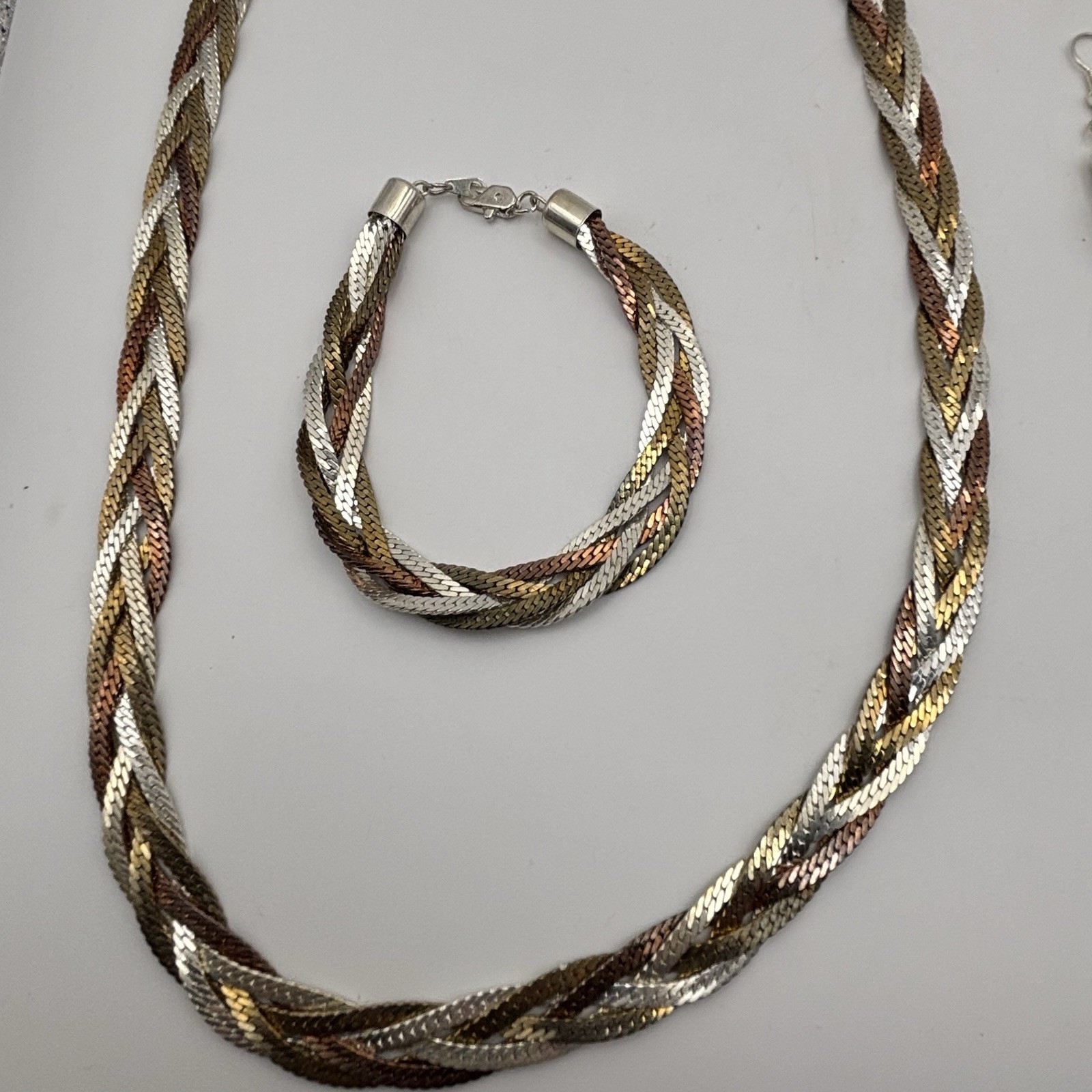 Vtg 925 Color Gold Silver Rose Braided Chain Necklace Bracelet Sterling Silver
