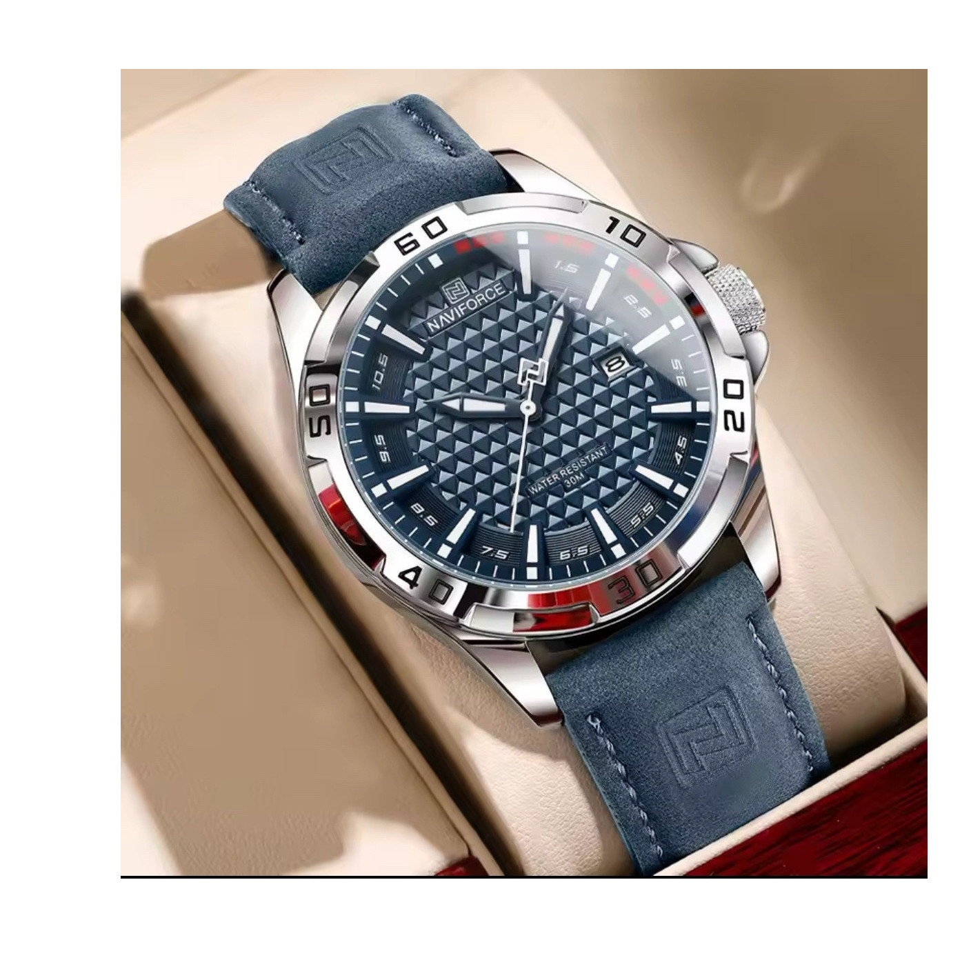 Naviforce Men’s Quartz Analog Watch Blue Dial Date Water Resistant Leather Strap