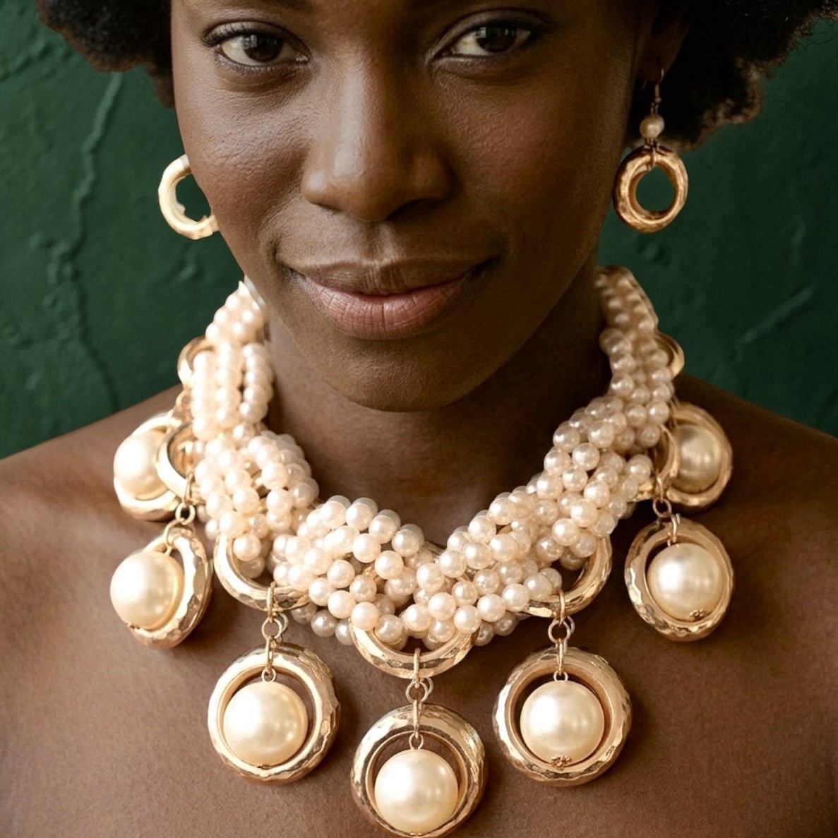 Faux Pearls Clear Statement Burlesque Inspired Bib Chunky Necklace Earrings Set