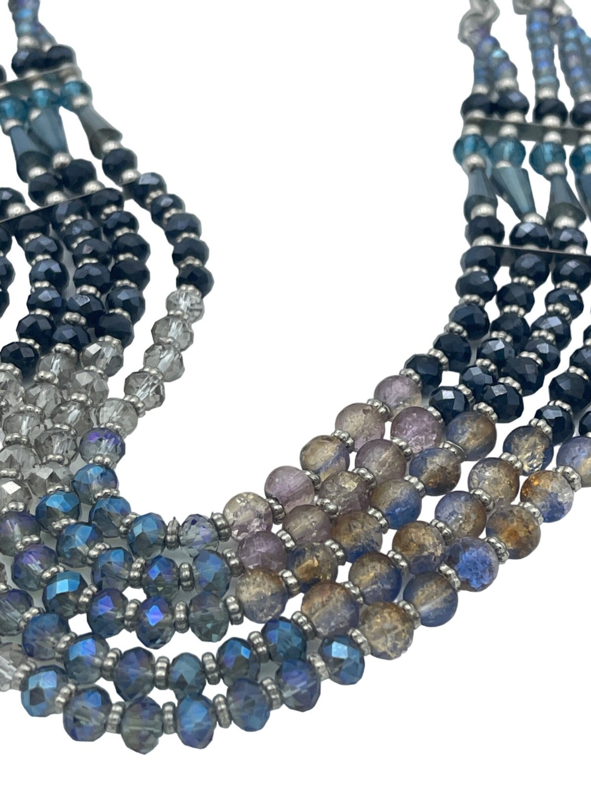 Beaded Multistrand Necklace Aurora Borealis Gradient Colors Blue Gray Shine