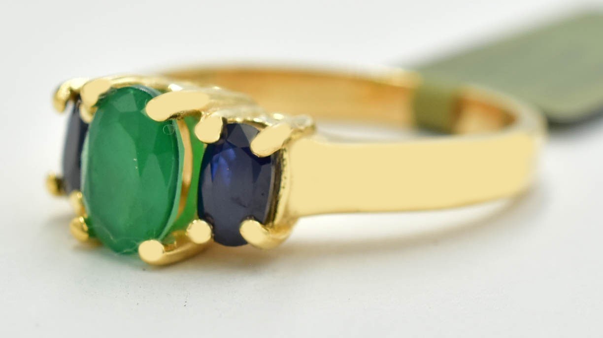 GENUINE 1.08 Cts EMERALD & BLUE SAPPHIRE RING 10K SOLID YELLOW GOLD -NWT