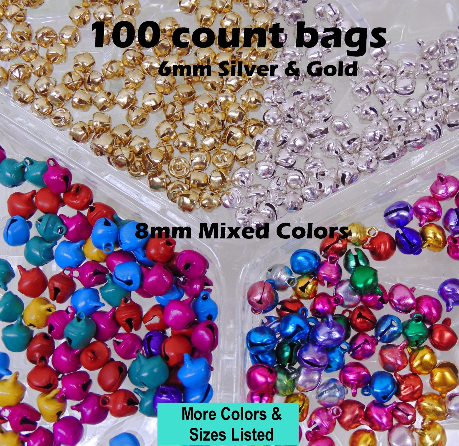 100 Tiny SILVER Steel Metal JINGLE BELL Beads Charms 6mm w/ Loop Little/no noise