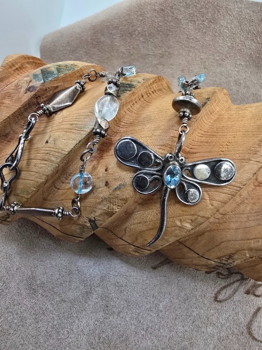 Vintage Artisan Sterling Silver Dragonfly Necklace Blue Topaz/Quartz 20.69g