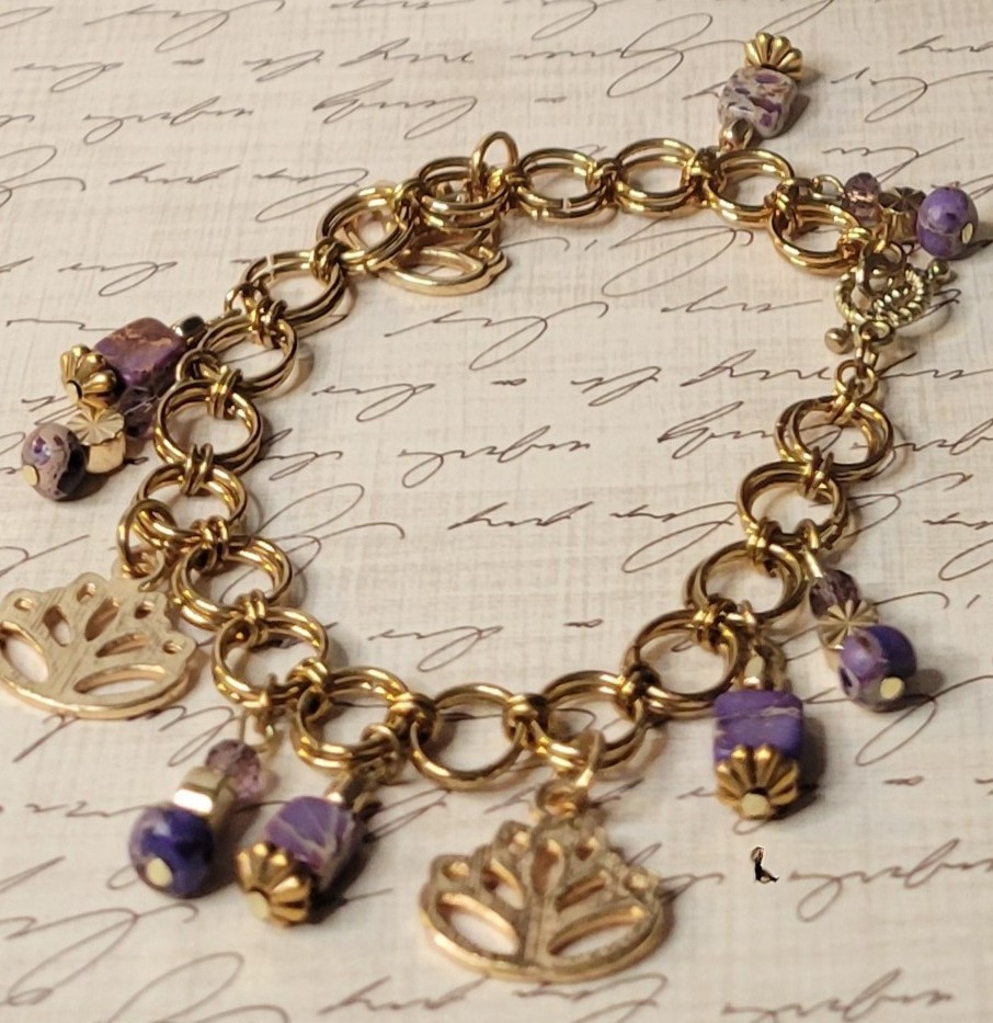 3-Piece Set with Purple Imperial Jasper, Glass, Gold Plated Charms and Findings