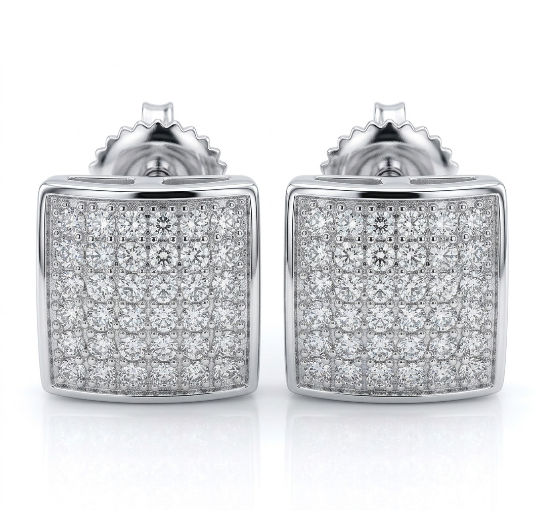 Mens Square Created Diamond Stud Earrings 925 Sterling Silver White Gold