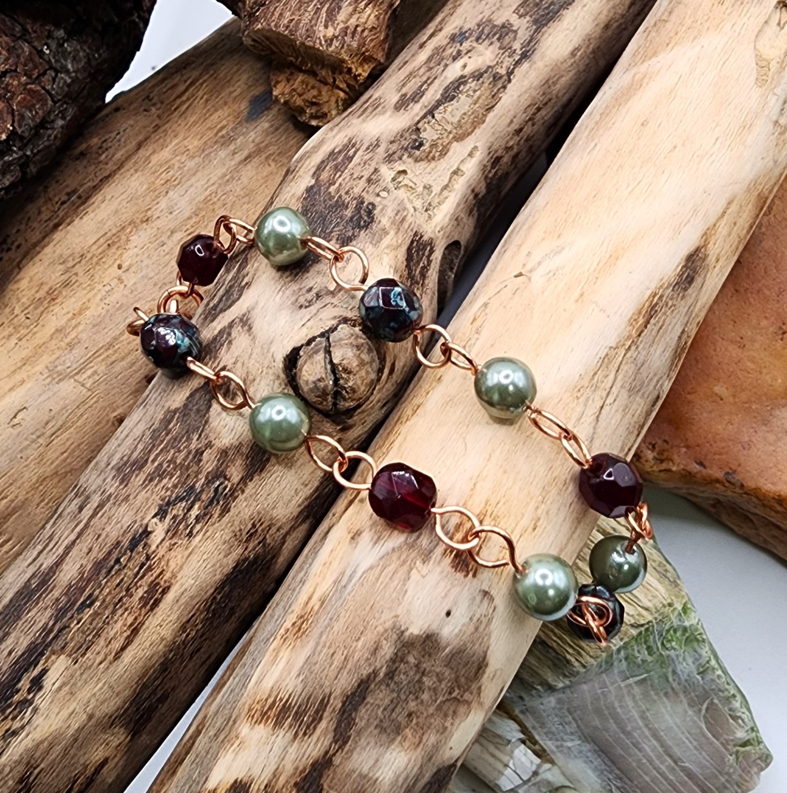 Handcrafted Copper Chain Bracelet with Czech Garnet, Sage Green and Burgundy Red