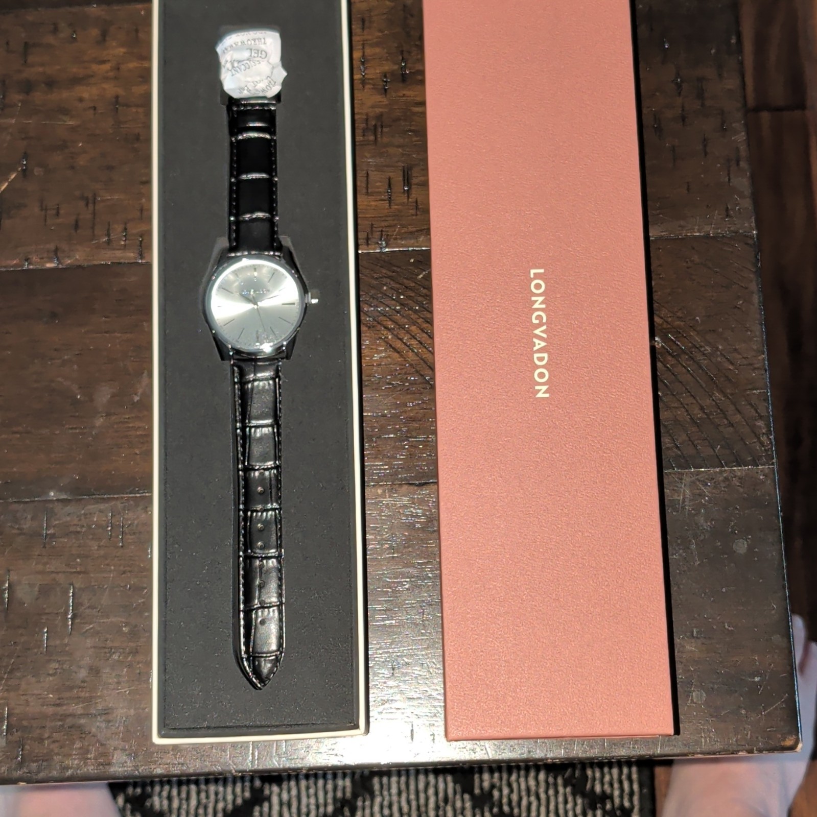 Longvadon Quartz Analog Dress Watch Silver Dial 40mm Steel Black Leather Box